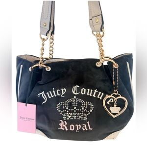 NWT Juicy Couture Kingdom Tote shoulder bag w pave crown Black Velour $89